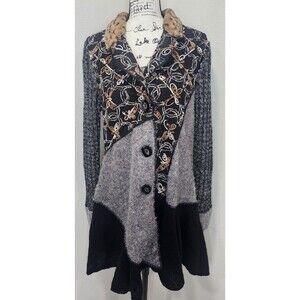 Kamana Cardigan Wool Blend Long Line Knit Sweater Artsy Boho Patchwork Size Lrg